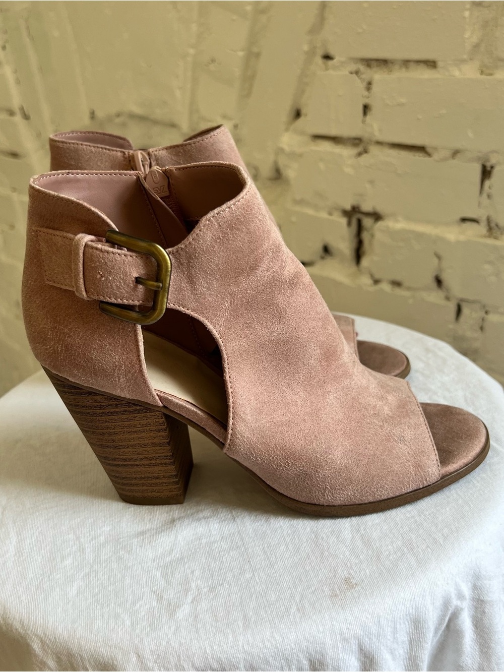Fergalicious Blush Suede Open-Toe Block Heel Sandals